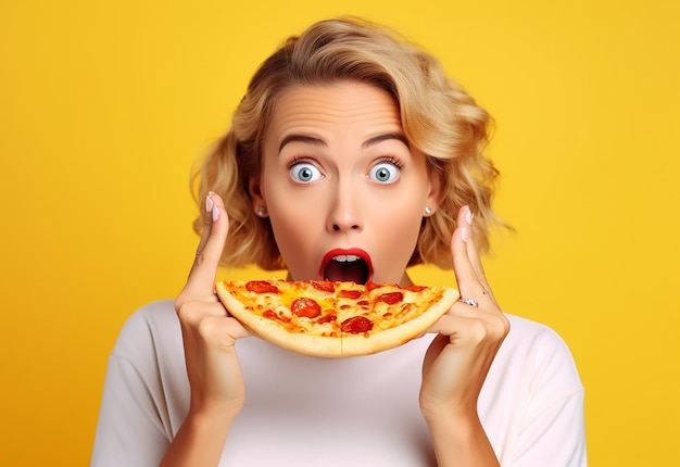 Fotoporträt junger hungriger Freundinnen, die zusammen Pizza essen