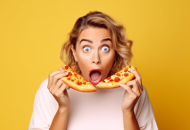 Fotoporträt junger hungriger Freundinnen, die zusammen Pizza essen