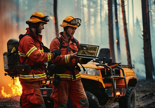 Foto fotoporträt von feuerwehrleuten, die auf dem feld bei einem feuer arbeiten