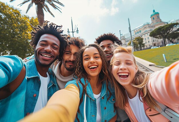 Fotoporträt von fröhlichem, liebevollem Spaß, der glückliche internationale Freunde zusammenbringt