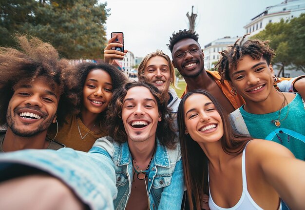 Fotoporträt von fröhlichem, liebevollem Spaß, der glückliche internationale Freunde zusammenbringt