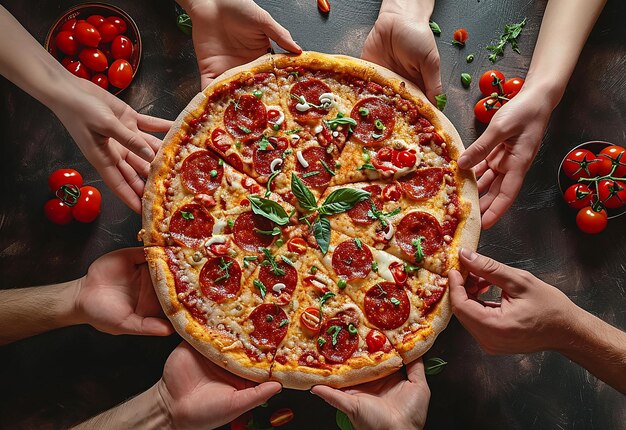 Fotoporträt von glücklichen jungen Freundinnen, die köstliche Pizza essen