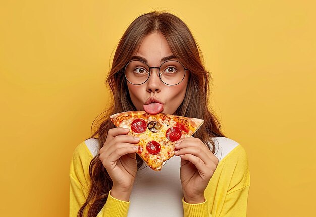 Fotoporträt von glücklichen jungen Freundinnen, die köstliche Pizza essen