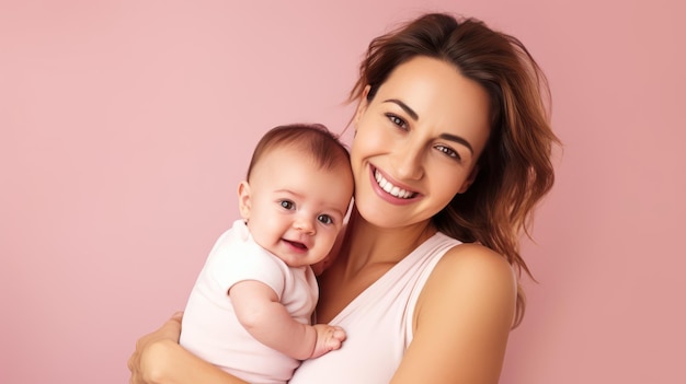 Fotoporträt von Mutter und Baby auf rosa Hintergrund isoliert