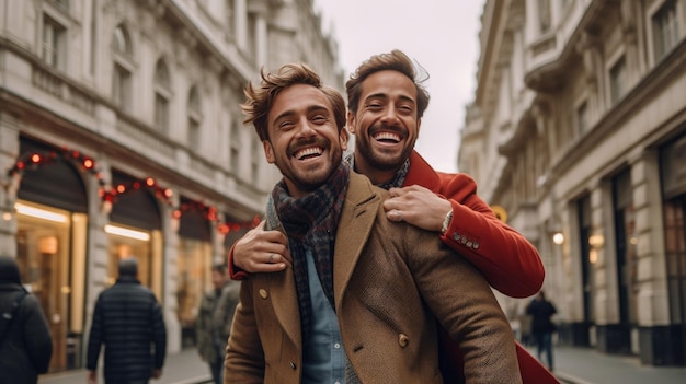Fotoporträt von zwei befreundeten Männern, die sich auf der Straße umarmen, ai generativ