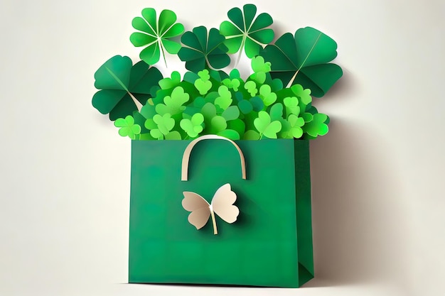 Fotorabatte für St. Patrick39s Day grüne Papiertüte und Papierkleeblätter Geschenkbox mit einer grünen Schleife auf weißem Hintergrund realistisch Generative Ai