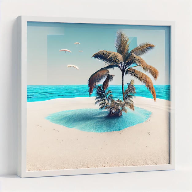 Fotorahmen mit einem Bild einer paradiesischen Insel. Generative KI