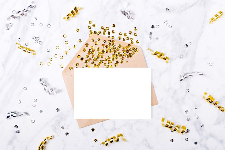 Foto fotorahmen oder geschenkkarte mit goldenen serpentinen. modellvorlage. von oben betrachten