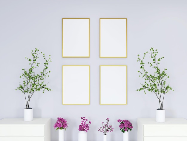 Fotorahmenmodell in weißer Wand mit Blumen und Pflanzen 3D-Rendering