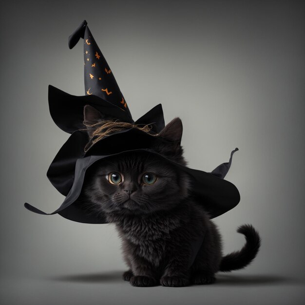 Foto fotoreal_cute_clipart_halloween_black_cat_with_wizard_hat_wit_0