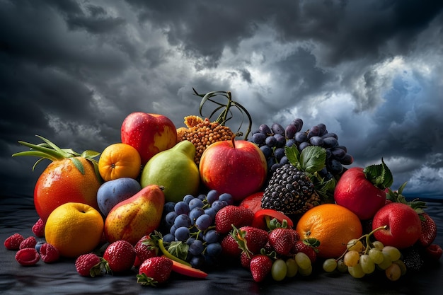 Fotorealismus-Stil-Sprung von Früchten auf dunkler Ebene-Hintergrund