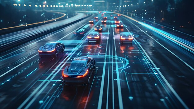 Foto fotorealista carretera futurista con vehículos eléctricos autónomos que simbolizan la mezcla de avanzados