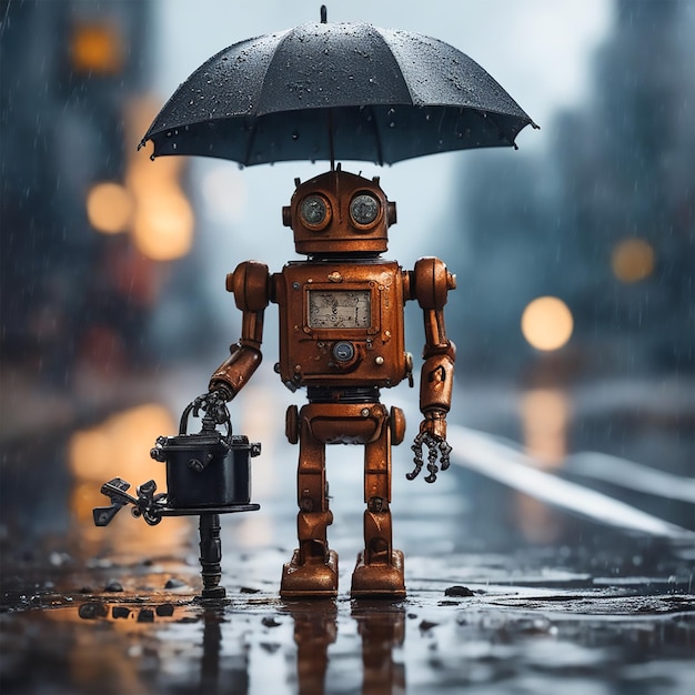 Fotorealistisch, beste Qualität, sehr detailliertes Meisterwerk. Ein trauriger rostiger Roboter, der einen schwarzen Regenschirm hält