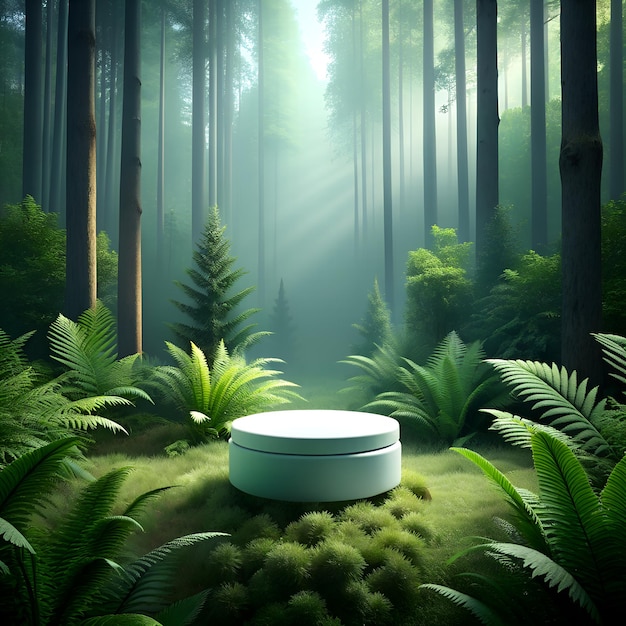 fotorealistische Aufnahme eines Minimalisten mit Waldthema-Hintergrund mit leerem Produktprodium