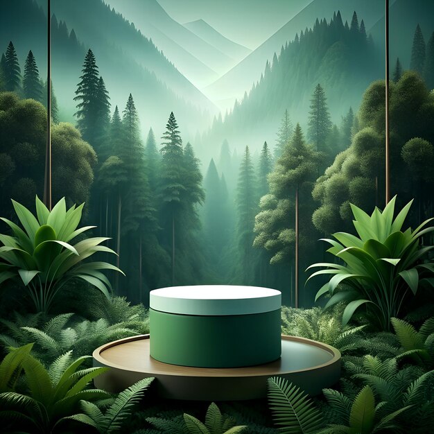 fotorealistische Aufnahme eines Minimalisten mit Waldthema-Hintergrund mit leerem Produktprodium