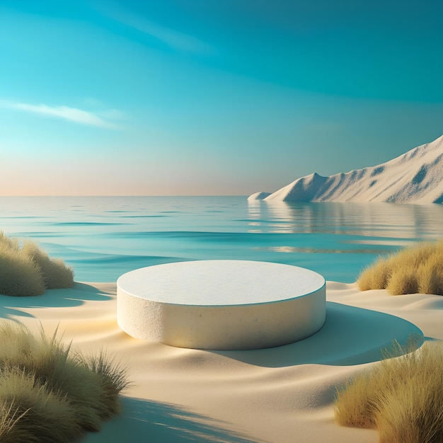 Foto fotorealistische aufnahme eines minimalistischen und meeres mit strandhintergrund mit leerem produktprodium