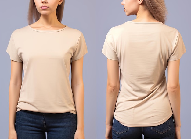 Fotorealistische beige T-Shirts für Frauen mit Kopierraum vorne und hinten