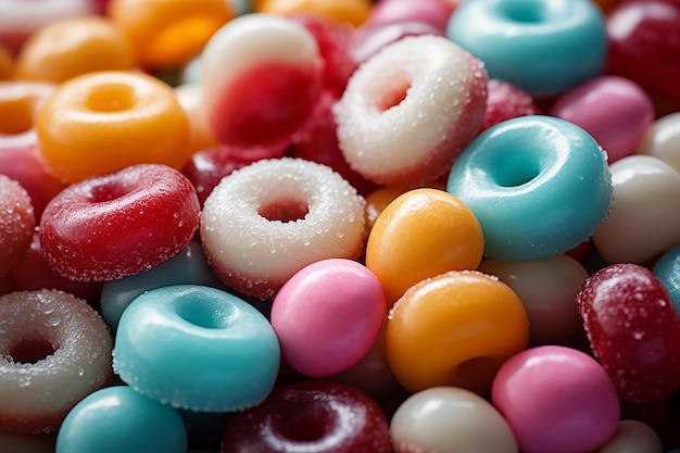 Fotorealistische Bilder von farbenfrohen Süßigkeiten in der Luftansicht für den von KI generierten Hintergrund