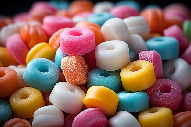 Fotorealistische Bilder von farbenfrohen Süßigkeiten in der Luftansicht für den von KI generierten Hintergrund