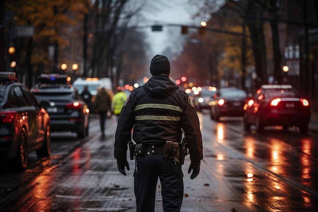 Fotorealistische Darstellung eines diensthabenden Polizisten, der von hinten auf der Straße läuft