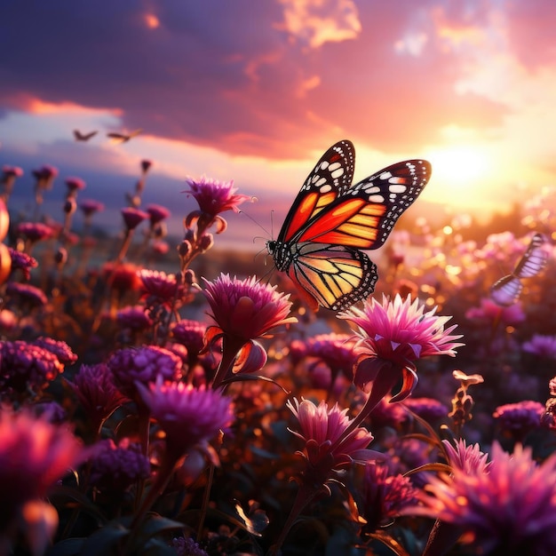 Fotorealistische Darstellung eines Schmetterlings auf einer Blume bei Sonnenuntergang