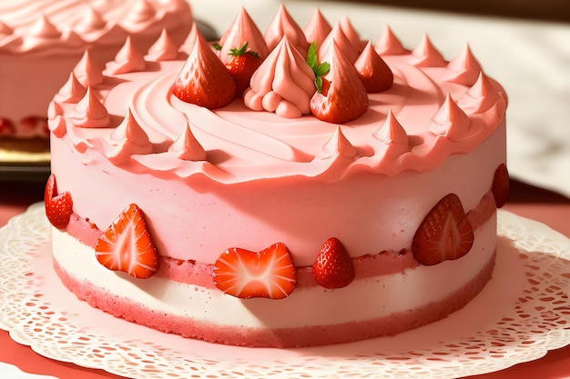Foto fotorealistische detailfraisier-mousse-kuchen-erdbeer-kuchen mit keks-mousse und gelee-sommer