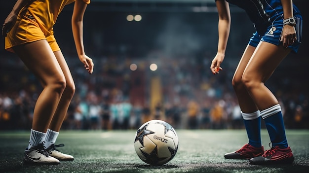 Foto fotorealistische frauenfußball-action, detaillierte gelbe und blaue stadionszene