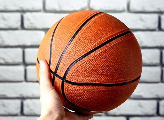 Fotorealistische Hand, die Basketball auf weißem Backsteinhintergrund hält