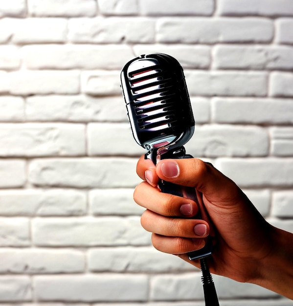 Fotorealistische Hand, die ein Vintage-Mikrofon auf weißem Backsteinhintergrund hält