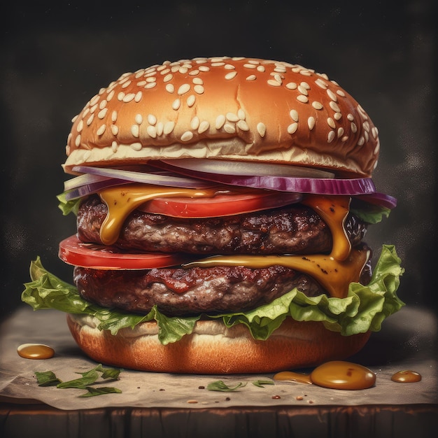 Fotorealistische Illustration des saftigen Burgers auf abstraktem Hintergrund