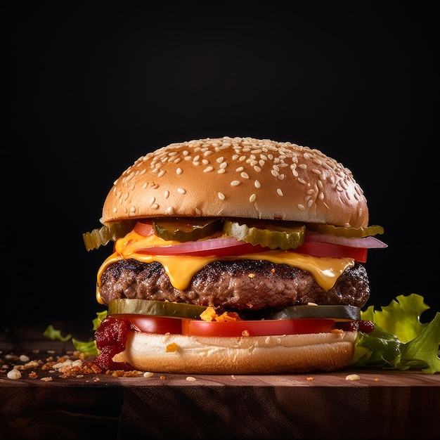 Fotorealistische Illustration des saftigen Burgers auf abstraktem Hintergrund