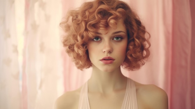 Fotorealistische jugendlich weiße Frau mit rosa lockigem Haar Retro-Illustration