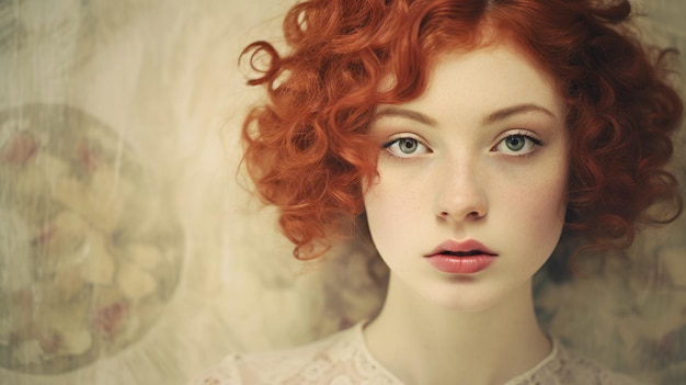 Fotorealistische jugendlich weiße Frau mit rotem lockigem Haar Retro-Illustration