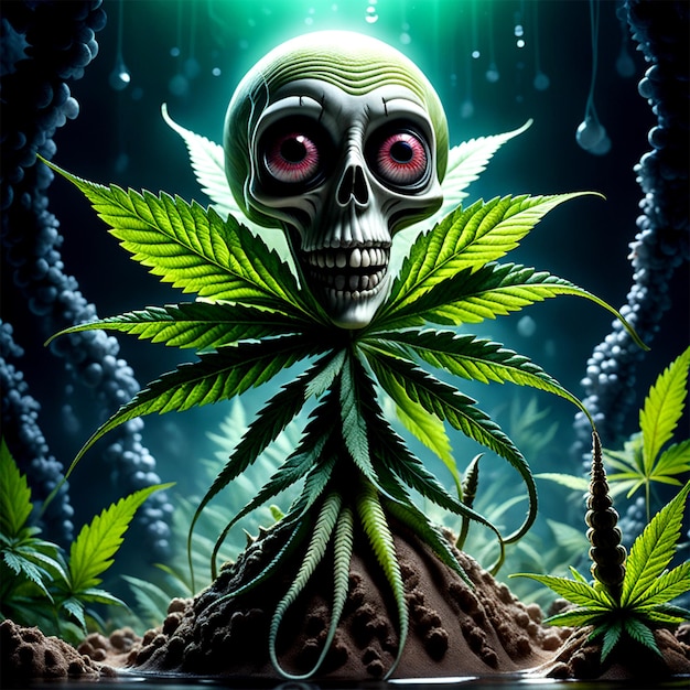 fotorealistische Kunst von Tim Burton, gruselige Kreatur aus Cannabis, lebensecht und sup