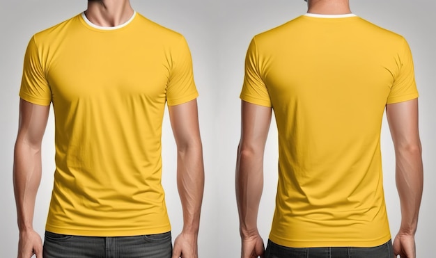 Fotorealistische männliche gelbe T-Shirts mit Vorder- und Rückansicht des Kopierraums