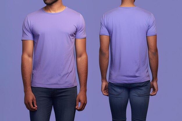Fotorealistische männliche lila T-Shirts mit Kopierraum vorne und hinten