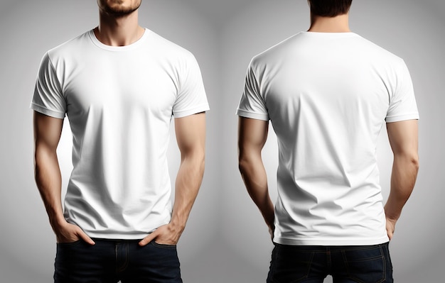 Fotorealistische männliche weiße T-Shirts mit Vorder- und Rückansicht des Kopierraums