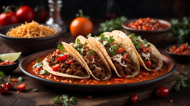 Fotorealistische mexikanische Tacos mit Rindfleisch in Tomatensauce und Salsa