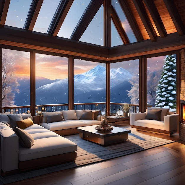 Fotorealistische Schneeansicht aus dem Chalet Generative KI