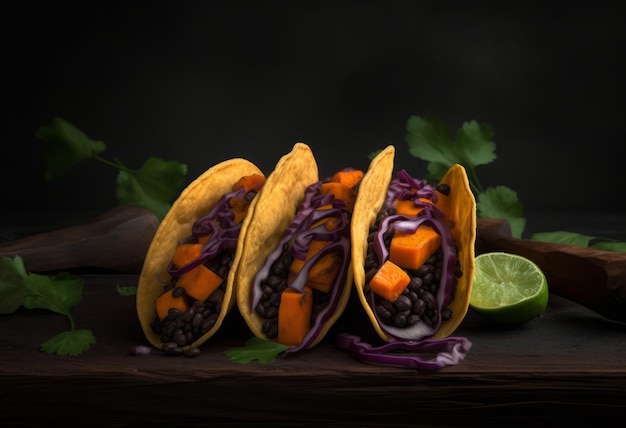 fotorealistische Tacos mit schwarzen Bohnen und Süßkartoffeln