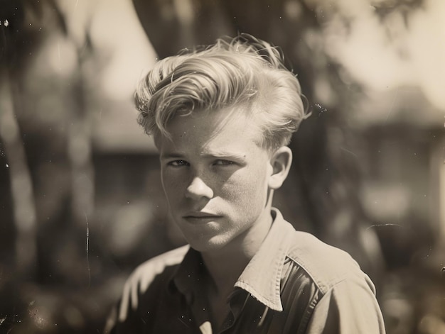 Fotorealistische Vintage-Illustration eines weißen Teenagers mit blondem, glattem Haar