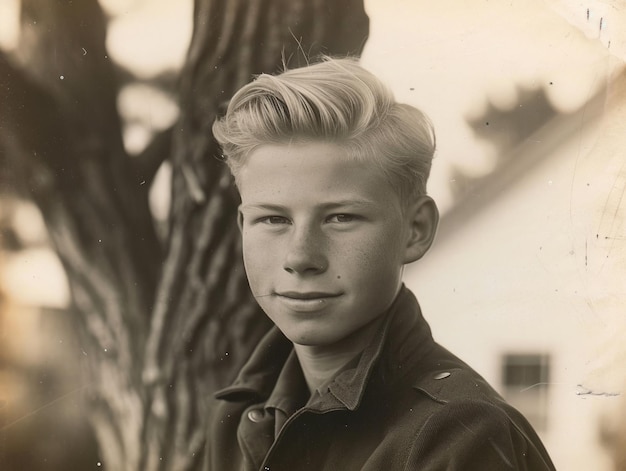 Fotorealistische Vintage-Illustration eines weißen Teenagers mit blondem, glattem Haar