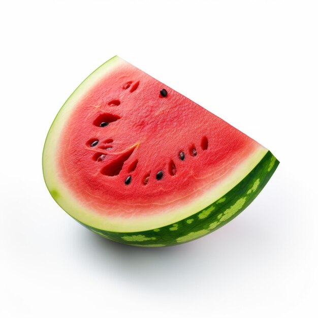 Fotorealistische Wassermelonenscheibe auf weißem Hintergrund, detaillierte Kompositionsfotografie