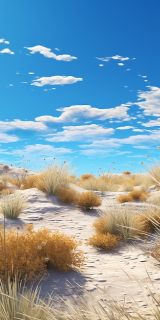 Foto fotorealistische wüstenlandschaft mit lebendigem laub und blauem himmel
