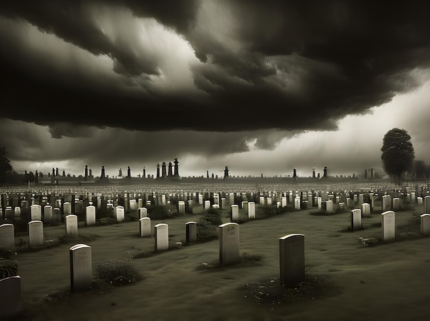 Fotorealistischer Friedhof mit sturmdunklem Ambiente, Horror-Surrealismus und generativer KI generiert