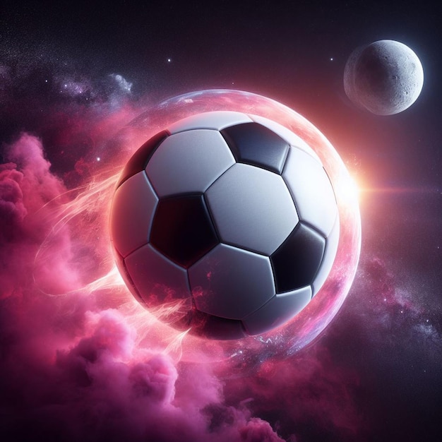 Fotorealistischer Fußballplanet mit rosa Rauchexplosionen und Monden