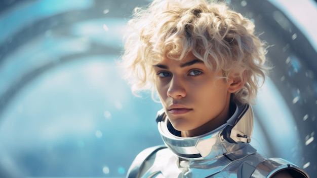 Foto fotorealistischer teenager-latino-mann mit blonden, lockigen haaren futuristische illustration