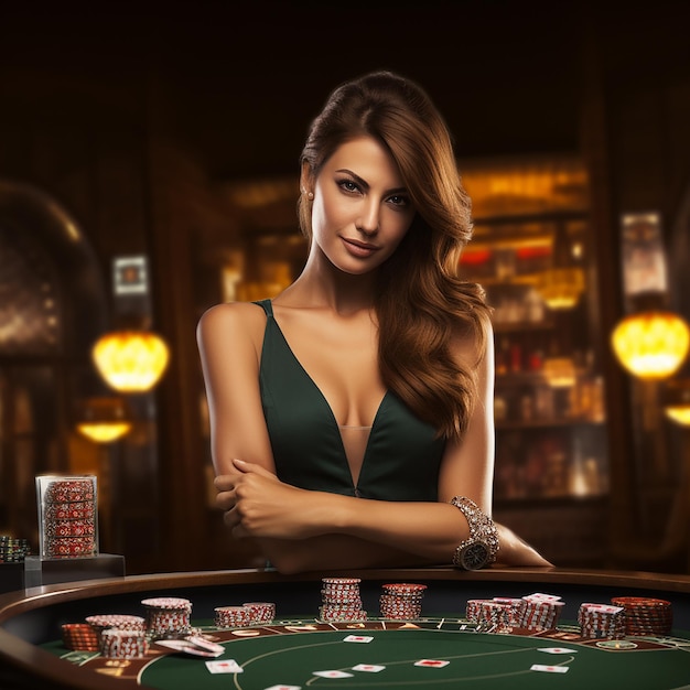 fotorealistisches Bild eines schönen Luxusmädchens in einem Casino, das mit Roulette und Karten spielt