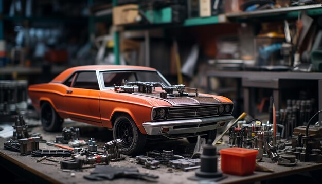 Fotorealistisches Diorama-Fotoshoot in einer Autoreparaturwerkstatt