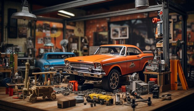 Fotorealistisches Diorama-Fotoshoot in einer Autoreparaturwerkstatt